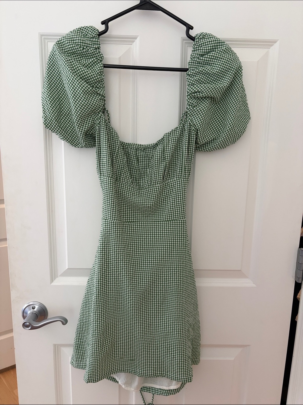 OAK + FORT Green Gingham Puff-Sleeve Mini Dress